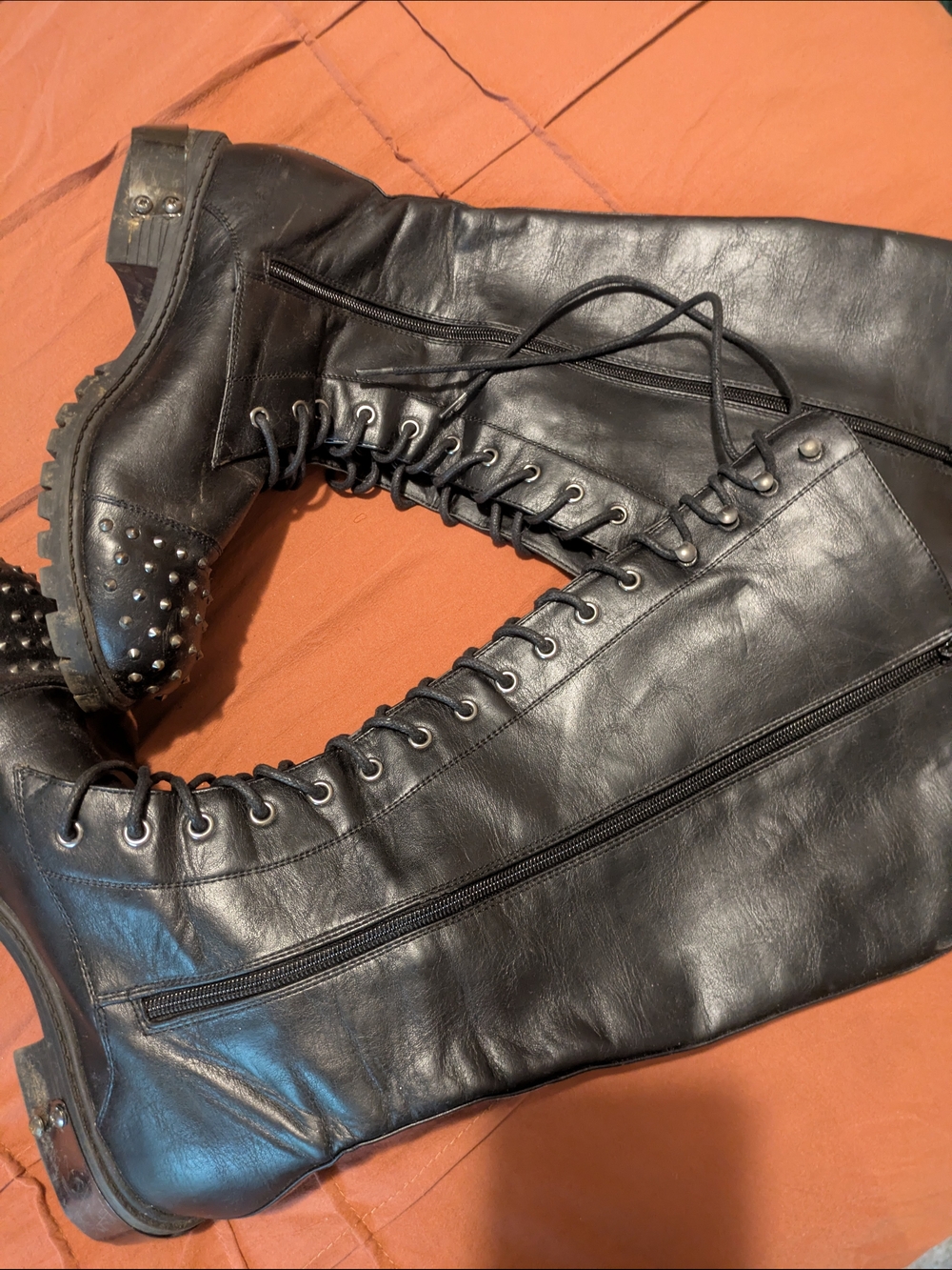 Tall Black Lace-Up Combat Boots with Studded Toe
